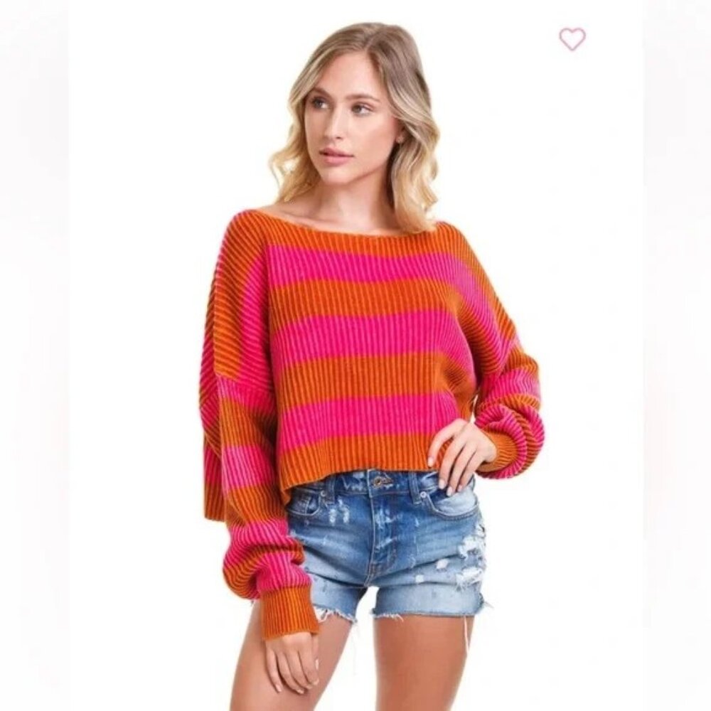 Free People Just My Stripe Oversized Crop Sweater, Pink/Orange, Size Small, EUC